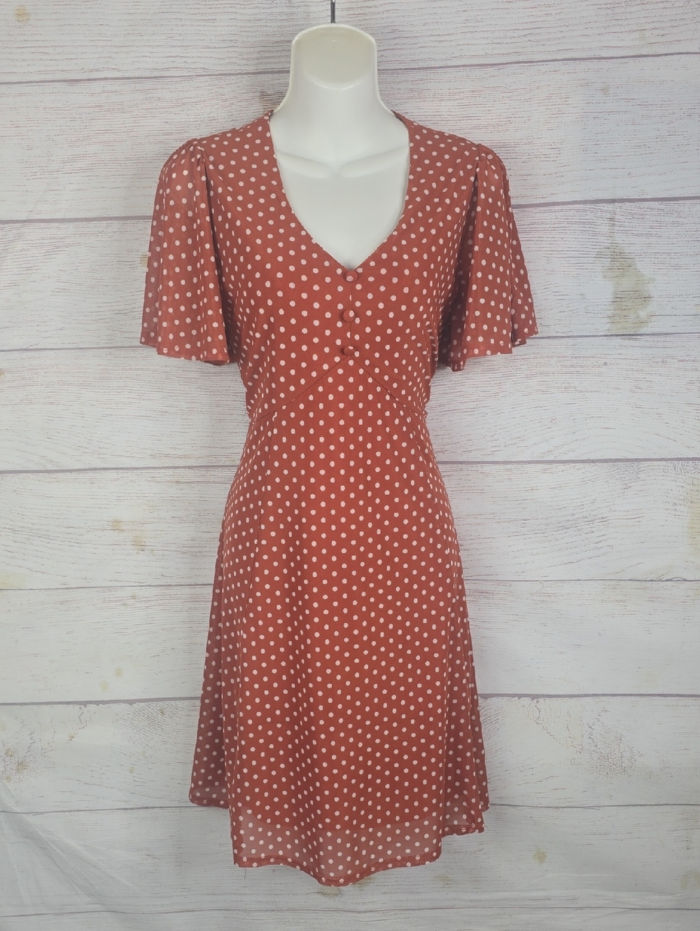 Ember Polka Dot V-Neck Flutter Sleeve Dress - Rust/White Sz L